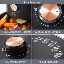 Quest 33870 2.3L Small Air Fryer / Manual Dial Controls / Non-Stick Detachable Food Basket / 60 Minute Timer / 1000W