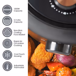 Quest 33870 2.3L Small Air Fryer / Manual Dial Controls / Non-Stick Detachable Food Basket / 60 Minute Timer / 1000W