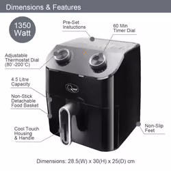 Quest 4.5 Litre Air Fryers / Non-Stick Basket / 1350W - Manual