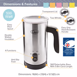 Quest 34179 Electric Milk Frother / Hot & Cold Coffee Frother / Double Walled Insulation / Non-Stick Easy Clean Interior / 300ml Cap - Stainless Steel