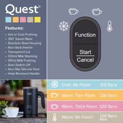 Quest 34179 Electric Milk Frother / Hot & Cold Coffee Frother / Double Walled Insulation / Non-Stick Easy Clean Interior / 300ml Capacity - Black