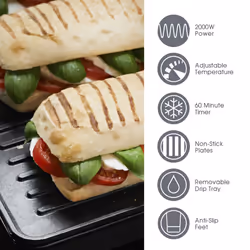 Quest 34359 2-in-1 Health Grill & Panini Press / Non-Stick Healthy Grilling / Adjustable Temperature Dial / 180Â° Floating Hinge / Overheat Protection