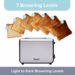 Quest 34579 2 Slice Toaster with Extra Wide Slots / 7 Browning Levels / Reheat & Defrost / Crumb Tray & Cord Storage / 950W / Stainless Steel
