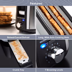Quest 34620 4 Slice Toaster with Long Slots / Removable Warming Rack / 7 Browning Levels / Reheat & Defrost / Stainless Steel / 1500W