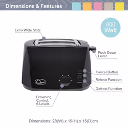 Quest 2 Slice Toasters with Extra Wide Slots / 6 Browning Levels / Reheat & Defrost / Crumb Tray & Cord Storage / 800W - Black