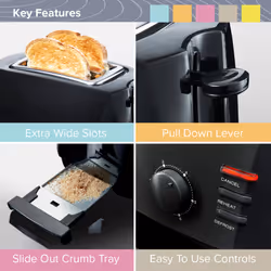 Quest 2 Slice Toasters with Extra Wide Slots / 6 Browning Levels / Reheat & Defrost / Crumb Tray & Cord Storage / 800W - Black