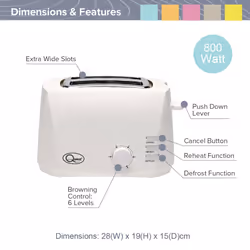 Quest 2 Slice Toasters with Extra Wide Slots / 6 Browning Levels / Reheat & Defrost / Crumb Tray & Cord Storage / 800W - White