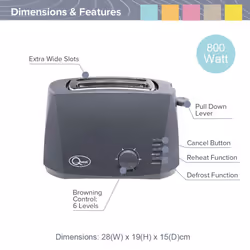 Quest 2 Slice Toasters with Extra Wide Slots / 6 Browning Levels / Reheat & Defrost / Crumb Tray & Cord Storage / 800W - Grey