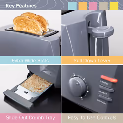 Quest 2 Slice Toasters with Extra Wide Slots / 6 Browning Levels / Reheat & Defrost / Crumb Tray & Cord Storage / 800W - Grey