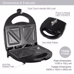 Quest 35129 750W 2 Slice Non Stick Sandwich Toastie Maker | Black
