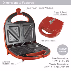 Quest 750W 2 Slice Non Stick Sandwich Toastie Maker | Red
