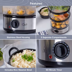 Quest 35220 3 Tier Electric Food Steamer / 7.2L / 3 Stackable Cooking Baskets & Rice Bowl / 60 Minute Timer Function