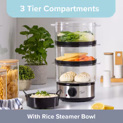 Quest 35220 3 Tier Electric Food Steamer / 7.2L / 3 Stackable Cooking Baskets & Rice Bowl / 60 Minute Timer Function