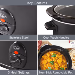 Quest Black Slow Cookers / Compact Stainless Steel / 3 Temperature Settings / Toughened Glass Lid / Dishwasher Safe Bowl - 1.5 L