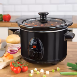 Quest Black Slow Cookers / Compact Stainless Steel / 3 Temperature Settings / Toughened Glass Lid / Dishwasher Safe Bowl - 1.5 L