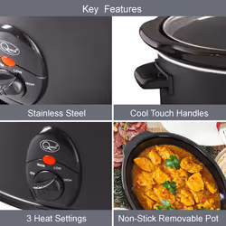 Quest Black Slow Cookers / Compact Stainless Steel / 3 Temperature Settings / Toughened Glass Lid / Dishwasher Safe Bowl - 3.5 L