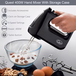 Quest Hand Mixers with Storage Case / Handheld Electric Whisk / With Flat Beaters, Dough Hooks & Whisk / 6 Speed Control / One Button Release - Black