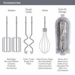 Quest Hand Mixers with Storage Case / Handheld Electric Whisk / With Flat Beaters, Dough Hooks & Whisk / 6 Speed Control / One Button Release - White