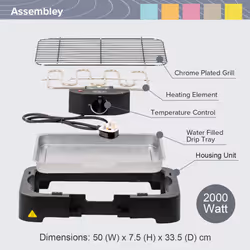 Quest 35899 Electric BBQ Grill/Indoor Grill with Minimal Smoke/Adjustable Thermostat Control/Cool Touch Control Panel / 2300W Power