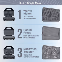 Quest 3-in-1 Waffle Maker, Sandwich Toaster & Panini Press / Easily Changeable Non-Stick Plates / Auto Temperature Control / 900W