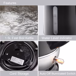 Quest 1.5L Fast Boil Kettles with Spout Filter & Water Level Indicator - Black
