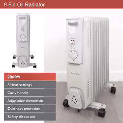 Benross 41960 Portable 9 Fin Oil Filled Radiator / Adjustable Thermostat / Automatic Overheat Protection / Cool Touch Carry Handle / 2000W / White