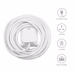 Benross 1-Way Extension Cables / 5m or 10m Length / UK Plug Socket / 240V AC, 13 Amps / White Colour Cable - 10 Metres