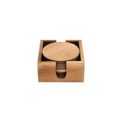 Acacia Coaster Set of 6 with Round Holder Natural Wood 10cm Protects Surfaces