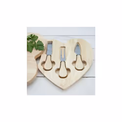 Rubberwood Heart Shaped Cheese Board with 3 Piece Accessory Set