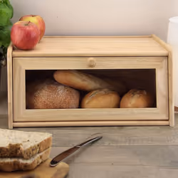 Clear Front Bread Bin Hevea Wood Food Storage Snap Open Kitchen Container