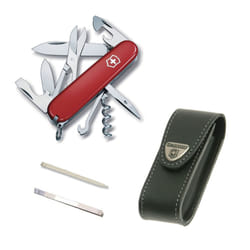 Victorinox CLIMBER Swiss army knife with Pouch spare tweezers & toothpick - red, black leather