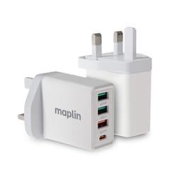 Maplin 4 Port USB Wall Charger 3x USB-A 2 1x USB-C PD QC 3.0 20W High