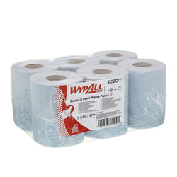WypAll L10 Service & Retail Wiping Paper 6220 - 1 Ply Centrefeed Blue Roll - 6 Centrefeed Rolls x 280 Paper Wipes (1,680 total)