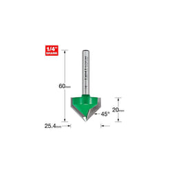 CraftPro Chamfer Router Cutter Bit, 1/4 Inch Shank, 25.4mm Cut Diameter & 45 Degree V Groove, Tungsten Carbide Tipped, C045X1/4TC