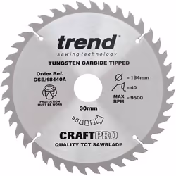 Trend CSB/18440A Craft Pro Trimming Crosscut TCT Blade for Circular Saws, 184mm x 40 Teeth x 30mm Bore, Tungsten Carbide Tipp ...