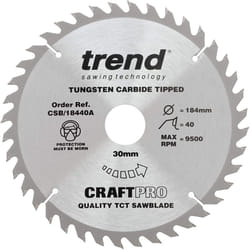 Trend CSB/18440A Craft Pro Trimming Crosscut TCT Blade for Circular Saws, 184mm x 40 Teeth x 30mm Bore, Tungsten Carbide Tipped
