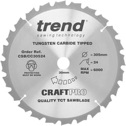Trend CSB/CC30524 Craft Pro Negative Hook Crosscutting TCT Circular Saw Blade, 305mm x 24 Teeth x 30mm Bore, Tungsten Carbide Tipped