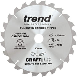 Trend CSB/CC25024 Craft Pro Negative Hook Crosscutting TCT Circular Blade Ideal for Einhell TE SM2534 Table/Mitre Saws, Tungsten Carbide Tipped, 250mm