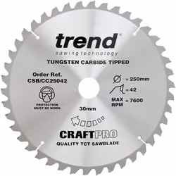 Trend CSB/CC25042 Craft Pro Negative Hook Crosscutting TCT Circular Blade for Table/Mitre Saws, 250mm x 42 Teeth x 30mm Bore, ...