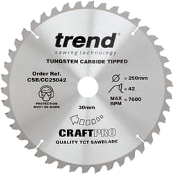 Trend CSB/CC25042 Craft Pro Negative Hook Crosscutting TCT Circular Blade for Table/Mitre Saws, 250mm x 42 Teeth x 30mm Bore, Tungsten Carbide Tipped