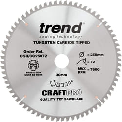 Trend CSB/CC25072 Craft Pro Negative Hook Crosscutting TCT Circular Blade for Table/Mitre Saws, 250mm x 72 Teeth x 30mm Bore, Tungsten Carbide Tipped