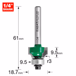 CraftPro Guided Rounded Over Router Cutter Bit, 1/4 Inch Shank, 3mm Radius and 9.5mm Cut Length, Tungsten Carbide Tipped, C074BX1/4TC