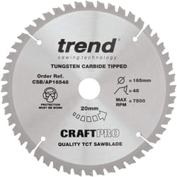 Trend CSB/AP16548 Craft Pro Worktop, Aluminium and Plastic TCT Blade for Plunge/Circular Saws, Tungsten Carbide Tipped, 165mm x 48 Teeth x 20 Bore