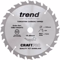 Trend CSB/16524T Craft Pro saw blade - 165mm diameter 5/8in bore 24tooth TCT for cordless saws, 5.0 mm*265.0 mm*318.0 mm