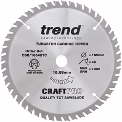 Trend CSB/16548TC Craft Pro Thin Kerf TCT Circular Saw Blade, Tungsten Carbide Tipped, 165mm x 48 Teeth x 15.88mm Bore