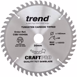 Trend CSB/16048A Craft Pro Quality TCT Circular Saw Blade, 160mm x 48 Teeth x 20mm Bore, Tungsten Carbide Tipped