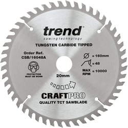 Trend CSB/16048A Craft Pro Quality TCT Circular Saw Blade, 160mm x 48 Teeth x 20mm Bore, Tungsten Carbide Tipped