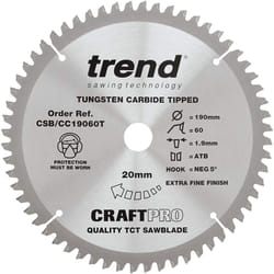 Trend CSB/CC19060T Craft Pro Negative Hook Crosscutting TCT Blade Ideal for Makita DLS713 Circular/Mitre Saws, Tungsten Carbide Tipped, 190mm x 60