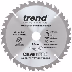 Trend CSB/16024A Craft Pro Combination TCT Circular Saw Blade, 160mm x 24 Teeth x 20mm Bore, Tungsten Carbide Tipped