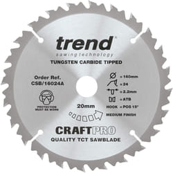 Trend CSB/16024A Craft Pro Combination TCT Circular Saw Blade, 160mm x 24 Teeth x 20mm Bore, Tungsten Carbide Tipped